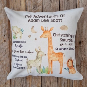 Safari  keepsake Cushion,  Baptism/Christening/Naming/Dedication day.  gift for Godchild, Grandson, Niece, Nephew. Nursery decor.