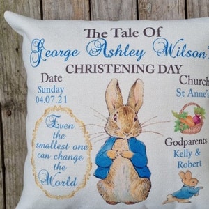 Cojín de bebé personalizado Peter Rabbit día de bautizo, día de bautismo, día de bendición. Bautizo/Accesorio de guardería/Decoración del hogar imagen 5