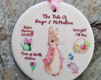 Babys 1st Christmas/Merry Christmas, Baptism/ Christening Peter/Flopsy Rabbit variations decorations/ bauble/ceramic hanger.