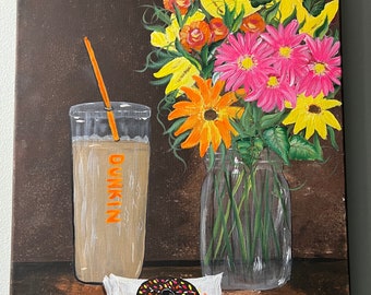I love Dunkin, coffee station acrylic on canvas