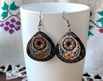 Mandala cearmic earrings Ethnic earrings Ukraine shop Ukraine seller Ukraine jewelry Black boho dangles Artisan jewelry Unique earrings