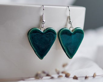 Green blue heart ceramic earrings Dangle Speckle earrings Silver hooks dangles Clay earrings Handpainted dangly earrings Female pottery gift