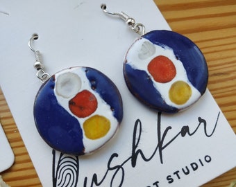 Blue abstract ceramic earrings Round circle dangles clay earrings Silver hooks Handpainted dangly drop earrings Blue jewerly Gift for woman