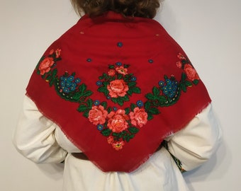 Ukrainischer Vintage-Schal, ukrainischer roter Schal mit Blumenmuster, Schal aus ukrainischer Wolle, ethnisch, volkstümlich, traditionelle Geschenke für Frauen, Verkäufer aus der Ukraine, Geschäfte aus der Ukraine