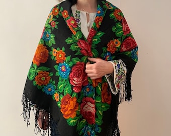 Chal vintage de Ucrania, bufanda negra ucraniana floral, bufanda de lana de Ucrania, regalos étnicos tradicionales para mujeres, vendedores de Ucrania, tiendas de Ucrania