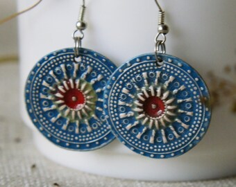 Ukraine sellers Ukraine shops Mandala ceramic earrings Blue earrings Bohemian jewelry Hippie dangles Gipsy earrings Eclectic Aztec pattern