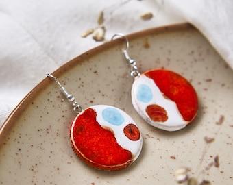 Orange abstract ceramic earrings Glazed earrings Round dangly earrings Silver hooks Drop earrings Circle orange earrings Pottery jewelry