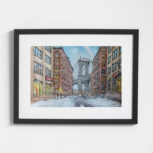 Manhattan Bridge Original Watercolor Wall Art New York Brooklyn Architecture Painting Wall Decor Town Drawing Cityscape USA NYC Street Urban