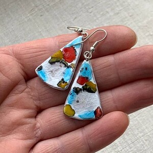Abstract white blue red yellow ceramic earrings Drop jewellery Silver hooks dangles Speckled clay earrings Handpainted jewellery gift