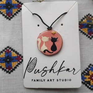 Ukraine shops Ukraine sellers Ceramic cats pendant Pottery cats necklace Black and white cats Cats lover gifts Artistic necklace jewelry