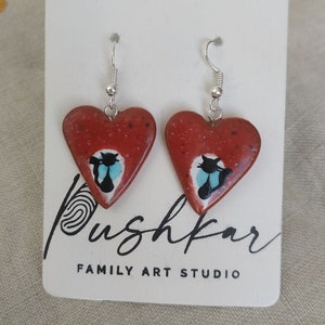 Ceramic earrings Cat earrings Red heart Handmade dangles Ceramic jewelry Ukraine sellers Ukraine shops Clay earrings Handpainted earrings