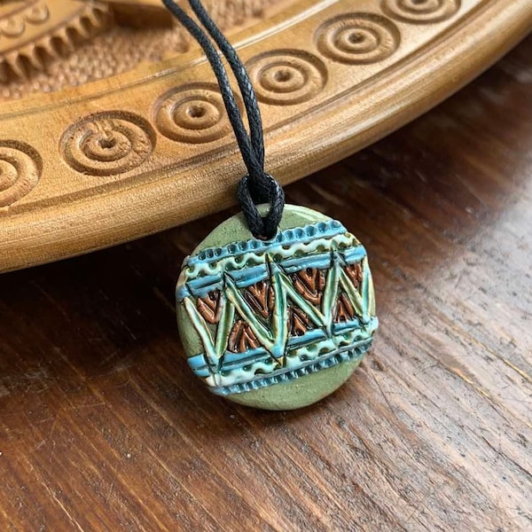 Embroidery pendant necklace Ceramic necklace Ukraine pottery Embroidery ornament Ethnic jewelry Ukraine jewellery Handmade gift Clay chocker