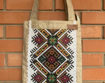 Handmade Linen Tote Bag Ukrainian Embroidery Zipper Closure Two Pockets Eco-Friendly Shopper Cross stitch Traditional Ethnic Shoulder bag