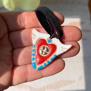 Red heart necklace blue white ceramic Heart chocker Ceramic pendant necklace heart Artistic necklace Clay jewelry Handmade wings red heart