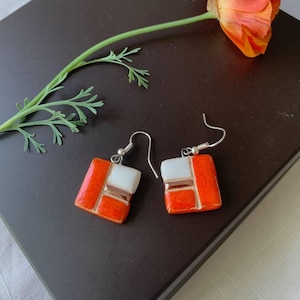 Red and  White square Ceramic earrings Abstract earrings Handmade Geometric clay earrings jewelry Gift for her rectangular red earrings