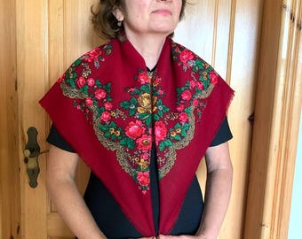 Vintage Wool Floral Scarf Rose Wool Shawl floral Ethnic traditional women gifts  Traditional Ukrainian Folk Headscarf with Bright Flowers