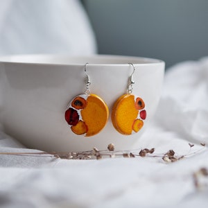 Deep red orange abstract ceramic art earrings Round circle dangles clay earrings Silver hooks Handpainted dangly drop earrings Gift woman