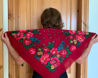 Vintage Cherry Red Wool Shawl Ukrainian scarf floral Vintage wool scarf Ethnic folk traditional women gifts Red vintage rose wool scarf