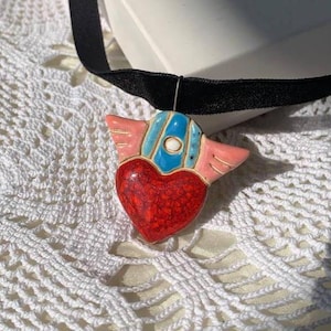 Red heart necklace blue pink ceramic Heart chocker Ceramic pendant necklace heart Artistic necklace Clay jewelry Handmade wings red heart