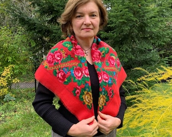 Vintage Red Wool Shawl Ukrainian scarf floral Vintage wool scarf Ethnic folk traditional women red scarf gifts Red vintage rose wool scarf
