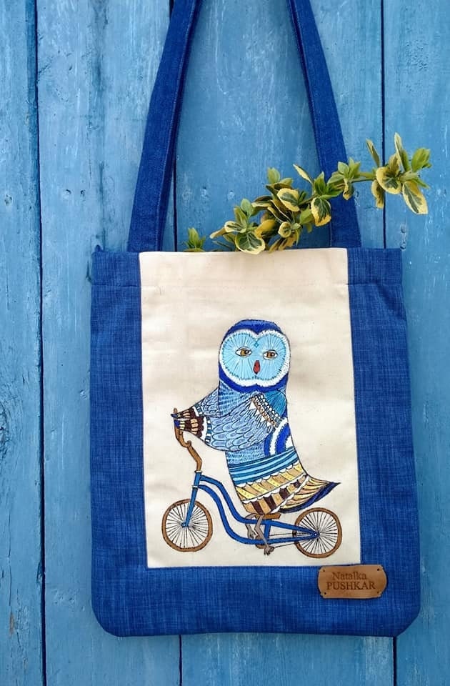 Ukraine bag Handpainted bag Owl on bicycle bag Cotton bag Ukrainian bag Shopper bag Owl bag Designer
