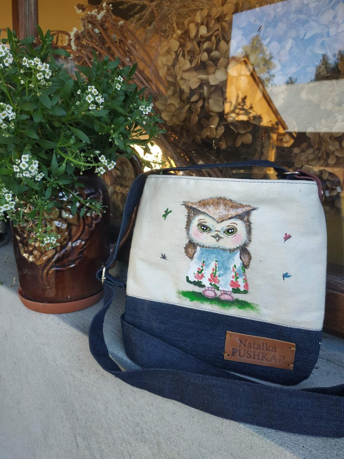 Owl linen bag  Owl Crossbody Owl shoulder bag Ukraine sellers Ukraine shops Handmade owl bag Cute ow