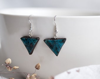 Sea blue ceramic triangle earrings Dangle earrings Silver hooks dangles Turquoise Clay earrings Handpainted dangly earrings Female gift