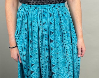 Vintage teal & black high waist flowy midi skirt with abstract floral print and elastic waist