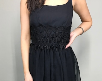 90’s Black chiffon mini dress with bubble hem & embroidered detail