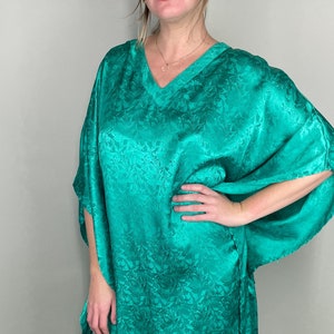 Teal green flowy kimono style night gown with subtle floral print by Erika Taylor