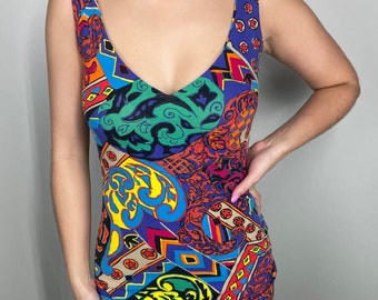 Vintage Betsey Johnson 80’s Punk label colorful bodycon short dress - Rare