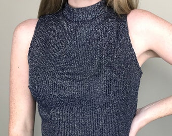 Navy blue shimmer ribbed mock neck sleeveless tank top with silver thread