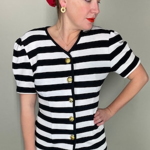 Vintage black & white stripe ribbed short sleeve blouse with gold buttons and puff sleeves