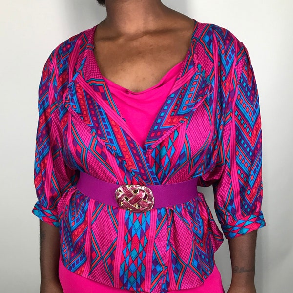 80’s Geometric hot pink & teal Liz Claiborne blouse