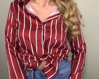 Vintage burgundy & white stripe button up blouse with front pocket