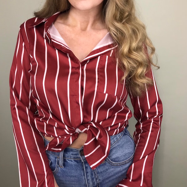 Vintage burgundy & white stripe button up blouse with front pocket