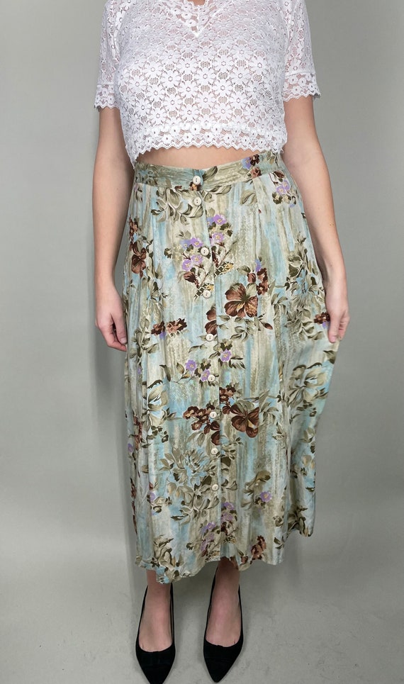 Vintage Flowy Floral Beige Blue Neutral Button up Midi Skirt by