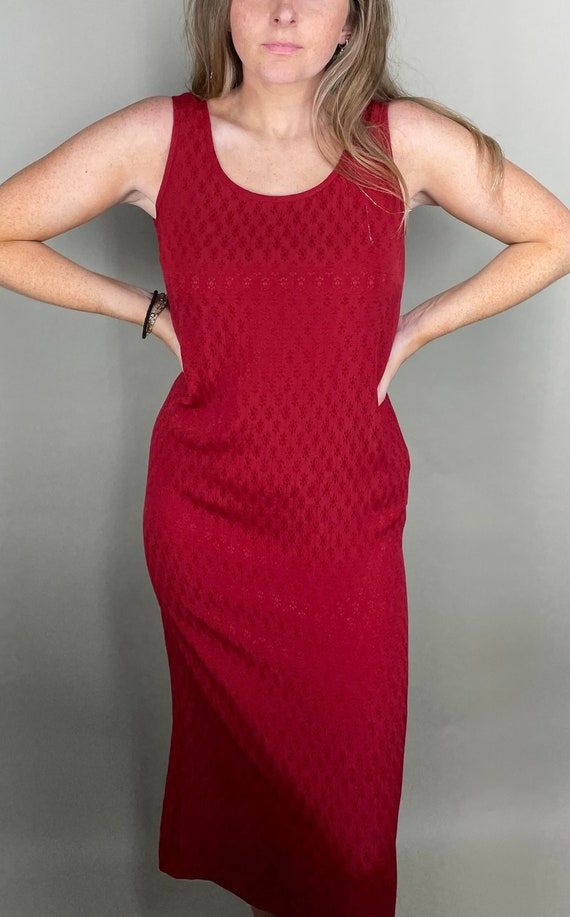 Vintage crimson red sleeveless midi dress with su… - image 1