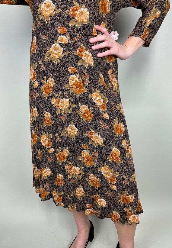 Vintage black & brown floral print crepe midi dre… - image 3