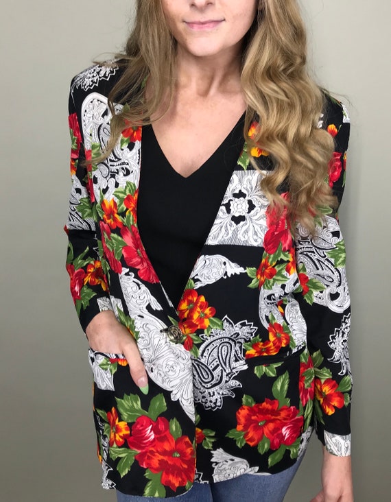 90’s Oversized black, red, & white floral blazer
