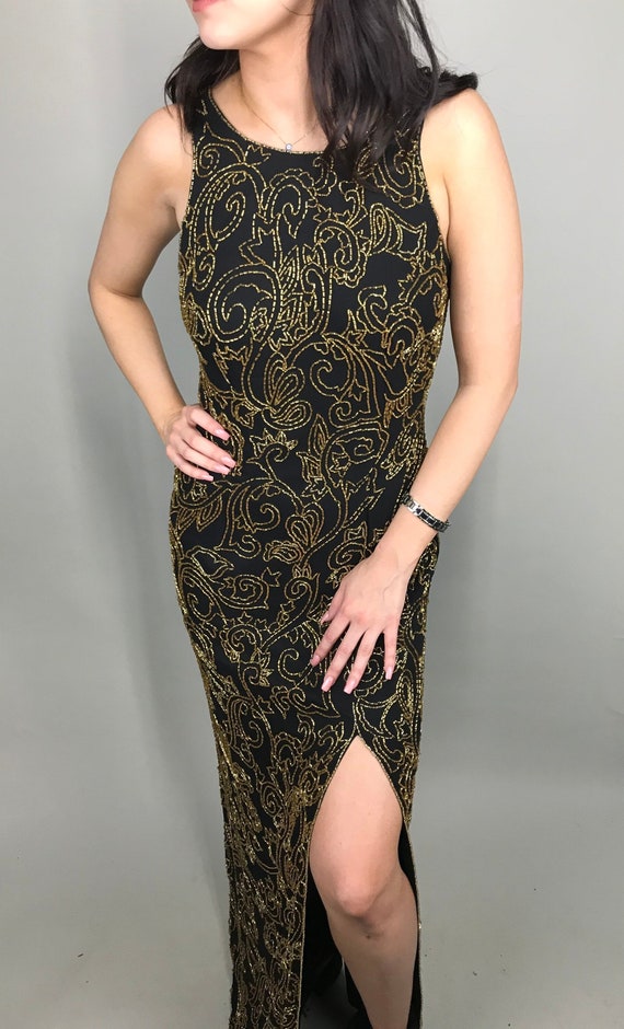 Vintage black & gold beaded evening dress by Nitel