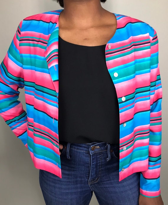 Vintage colorful stripe silk button up blazer top… - image 1