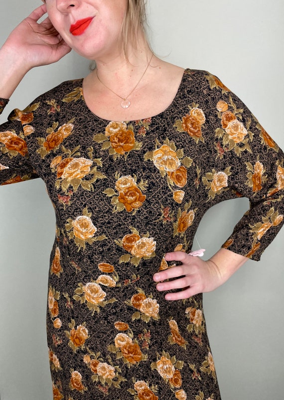 Vintage black & brown floral print crepe midi dre… - image 2