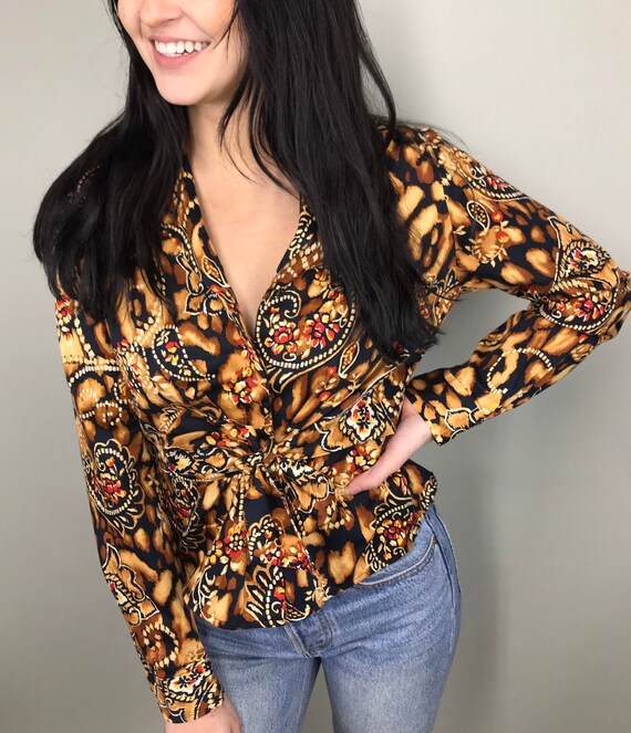 90s Jones New York Yellow Black Paisley Print Button up Blouse