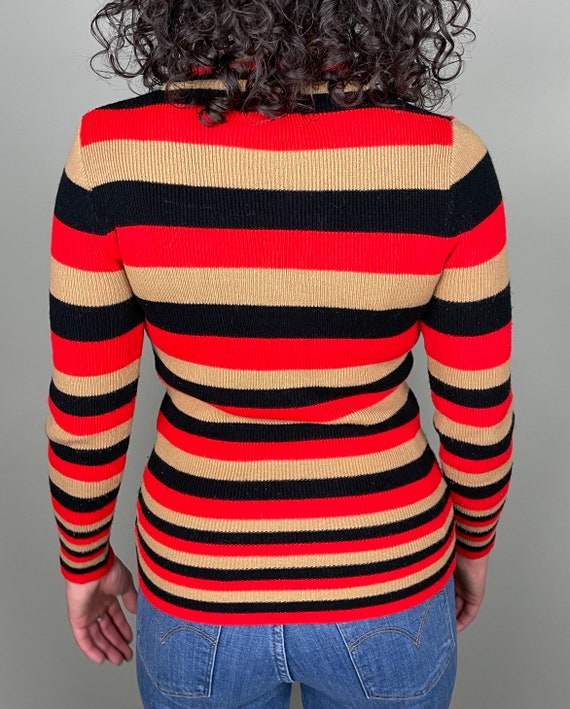 Vintage v neck stripe red, tan, & black long slee… - image 8