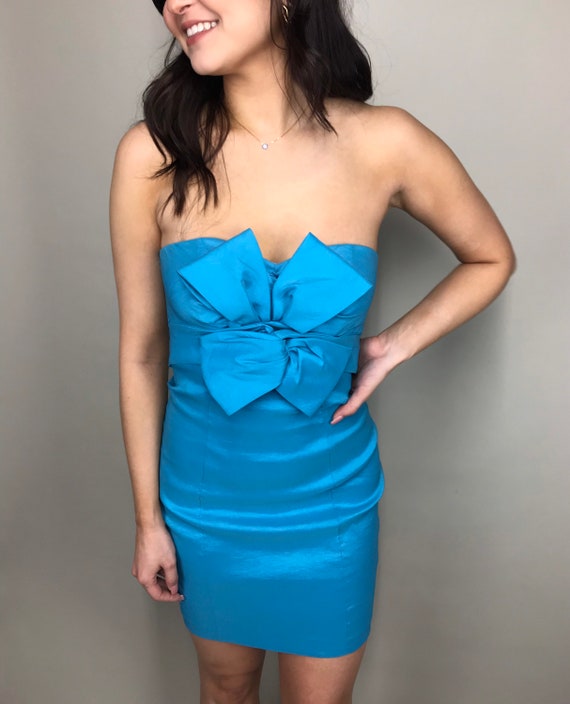 90’s Turquoise blue strapless mini dress with bow… - image 1