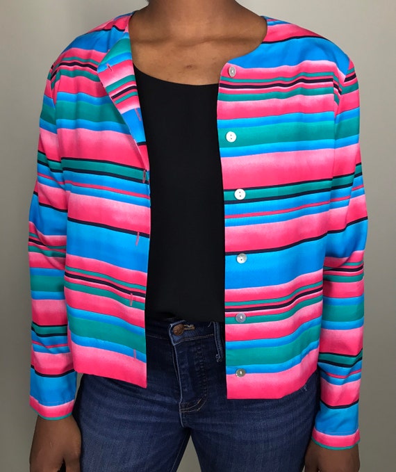 Vintage colorful stripe silk button up blazer top… - image 6