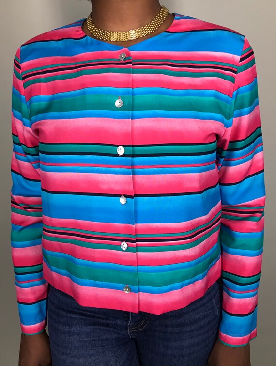 Vintage colorful stripe silk button up blazer top… - image 5