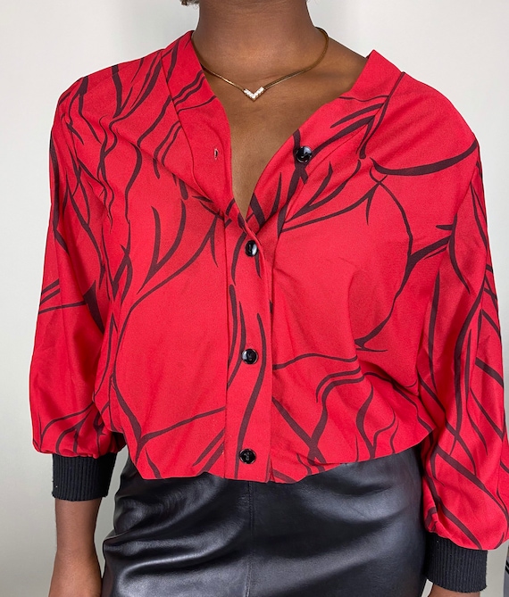 Vintage 1960’s sheer red & black printed blouse w… - image 1