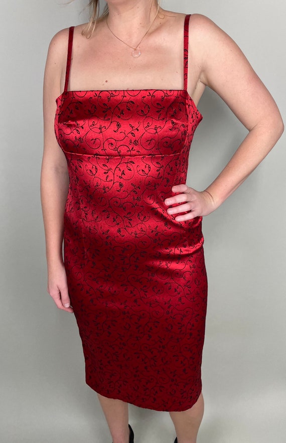 Vintage 90’s/ Y2K Red bodycon midi dress with bla… - image 9